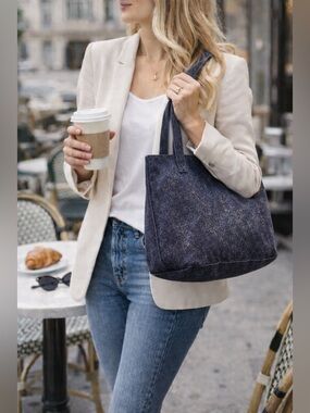 Subtle Not Boring Monserat De Lucca Calypso midnight blue suede shimmer tote bag